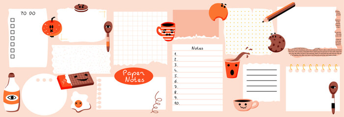 Paper notes with washi tapes. Set with blank Paper sticky notes for to do list, reminders, scheduler. Pencils, funny forms. Vector illustration. 