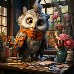 Owl sitting on the table in the room. 3d illustration - obrazy, fototapety, plakaty