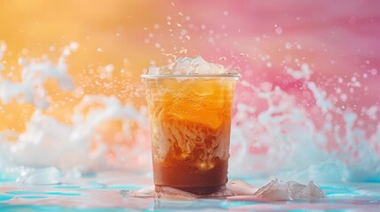 Dive into summer bliss with a chilled iced coffee against a tranquil pastel background,  a moment of pure relaxation