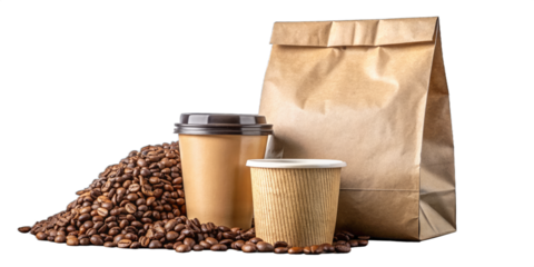 Coffee identity branding mockup. Blank brown craft bag with coffee beans and cup of coffee. Package mockup template for logo, brand, sticker, label.