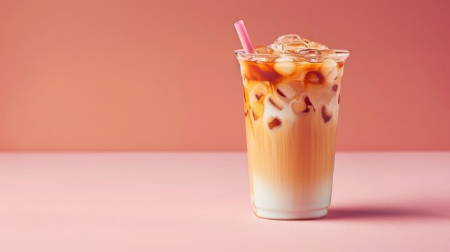 Elevate your summer experience with a decadent iced coffee against a gentle pastel hue,  a luxurious treat for the senses