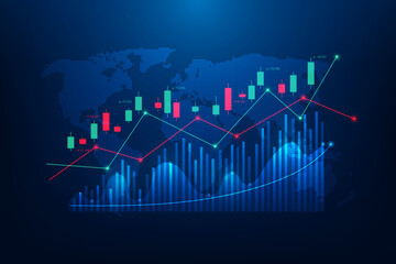 finance economy graph growth trading on global map blue background. chart arrow stock market up and down technology digital. business investment money profit. vector illustration fantastic design.
