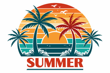 Summer t-shirt design. Retro and vintage summer vibes t-shirt design with palm tree, sea beach, and sunset vector illustration.