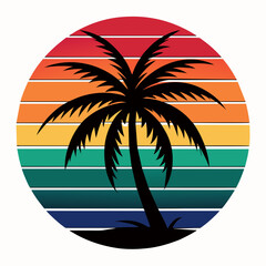Summer t-shirt design. Retro and vintage summer vibes t-shirt design with palm tree, sea beach, and sunset vector illustration.