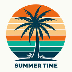 Summer t-shirt design. Retro and vintage summer vibes t-shirt design with palm tree, sea beach, and sunset vector illustration.