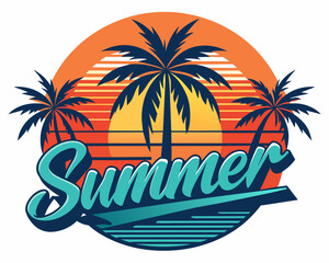 Summer t-shirt design. Retro and vintage summer vibes t-shirt design with palm tree, sea beach, and sunset vector illustration.