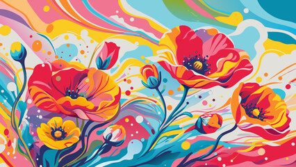 Vibrant Poppy Field Illustration with Abstract Colorful Background