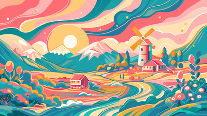 Vibrant Rural Landscape Illustration with Windmill and Farmhouse