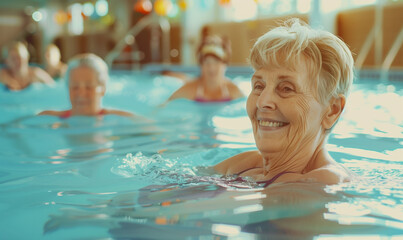 Fototapeta premium Elderly women participating in aqua gym classes in the swimming pool, enjoying a healthy and active lifestyle in retirement.