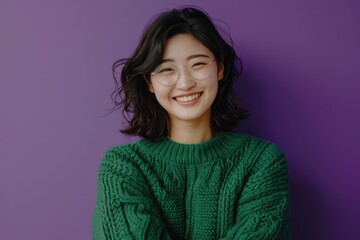 Fototapeta premium Confident Asian woman in green sweater smiling beautifully.