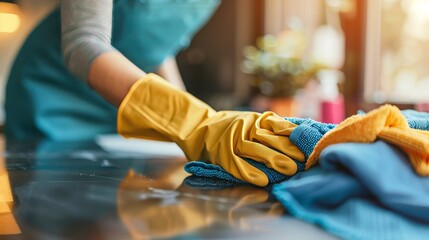 Woman cleaning table with gloves and spray, professional housewife tidying home and office