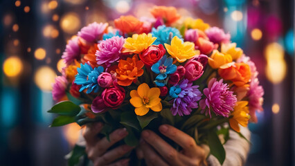 A bouquet of colorful flowers is being held by a person - Powered by Adobe