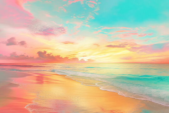 Pink and gold sunset with a colorful ocean beach 