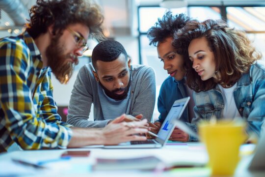 Multiracial creative team brainstorming mobile app design in modern office