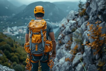 a man with a backpack is standing on top of a rocky mountain