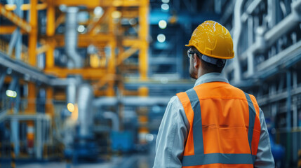 Worker in safety gear overseeing industrial facility