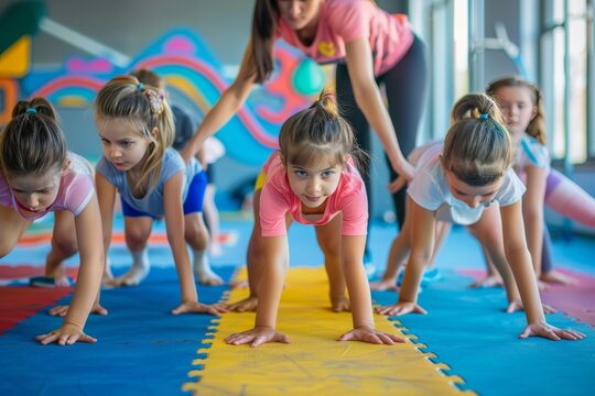 Childrens gymnastics class with female trainer at sports school, girls doing bridge position