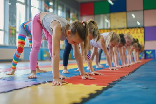 Young kids learn gymnastics with female trainer at sports school, balancing in bridge position - Powered by Adobe