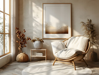 Minimalistic Bliss: White Frame Mockup Adds to Comfortable Furnishings in Reading Nook