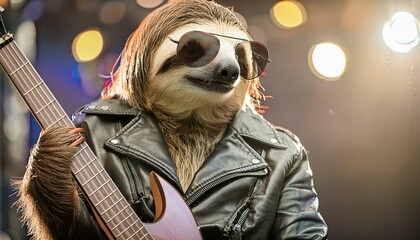 "Give this adorable sloth a rockstar makeover, with sunglasses and a leather jacket, hanging out on stage with a guitar."