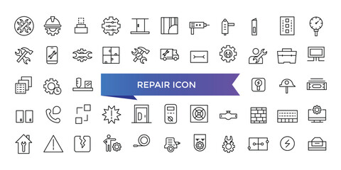 Repair icon collection. Related to fix, maintenance, toolbox, assistance, broken, troubleshoot, patch and repairman service icons. Line icon set.
