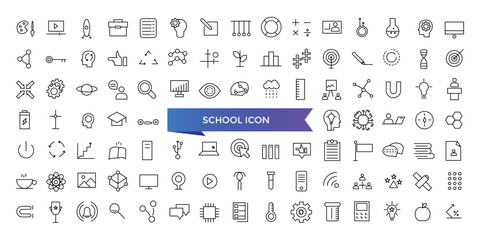 School icon collection. Related to classroom, students and teacher icons. Education and knowledge symbol. Line icons vector set.