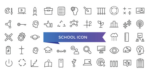 School icon collection. Related to classroom, students and teacher icons. Education and knowledge symbol. Line icons vector set.