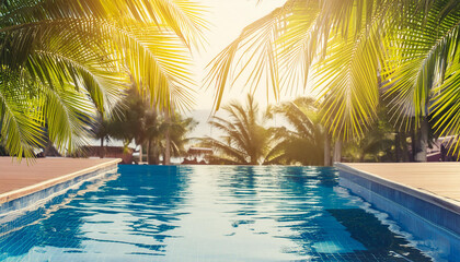Fototapeta na wymiar Summer and holiday background with palm leaf on swimming pool and in nature lighting.
