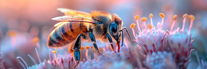 A bee sitting on top of a purple flower ,
Bee flies in flowering garden with bee flower and collects pollen 
