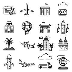 Fototapeta premium vacation icon, travel icon, beach icon, summer icon, airplane icon, tourism icon, nature icon, mountain icon, tour icon, travel destinations icon, transportation icon, transport icon, weather icon, lu