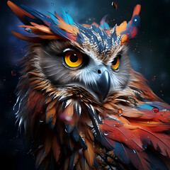 Fantasy owl with feathers in the form of a flower. 3d rendering