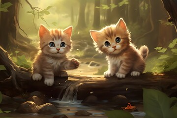 adorable illustration of kittens playing in the forest
