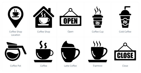 A set of 10 coffee icons as coffee shop location, coffee shop, open
