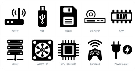 A set of 10 computer parts icons as router, usb, floppy
