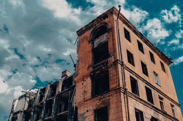 destroyed and burned houses in the city in Ukraine war
