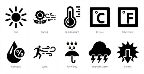 A set of 10 mix icons as sun, spring, temperature - obrazy, fototapety, plakaty