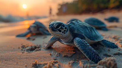 A baby turtle is laying on the sand near the water