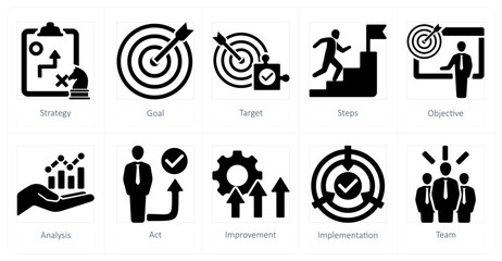 A set of 10 action plan icons as strategy, goal, target - obrazy, fototapety, plakaty