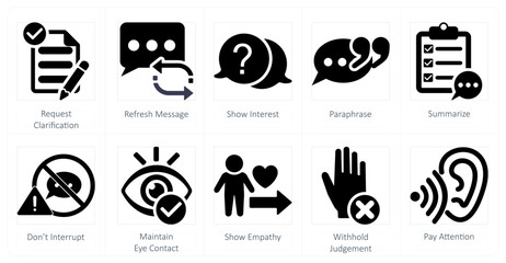 A set of 10 active listening icons as request clarification, refresh message, show interest