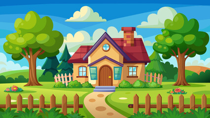 Obraz na płótnie Canvas vector-cartoon-house-with-green-yard-and-wooden-fe