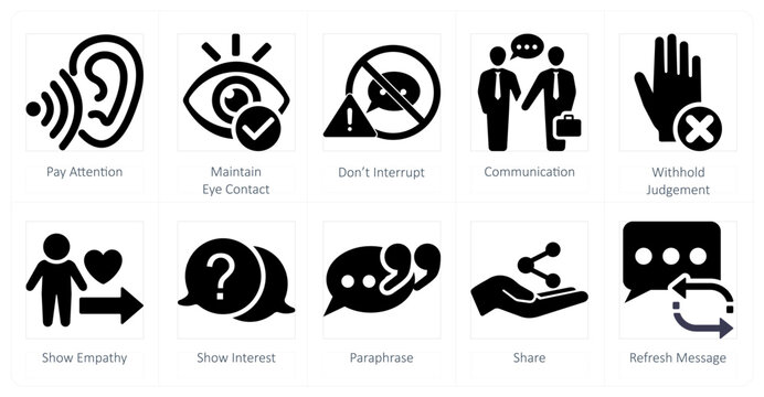 A set of 10 active listening icons as pay attention, maintain eye contact, dont interrupt