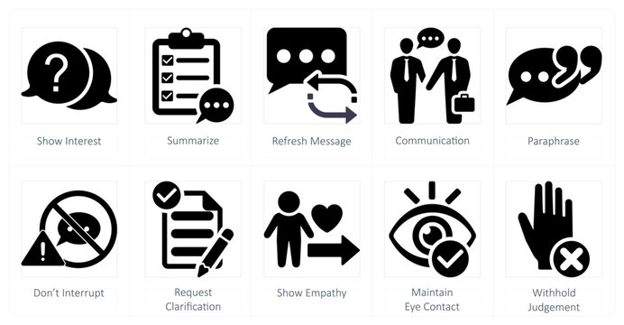 A set of 10 active listening icons as show interest, summarize, refresh message