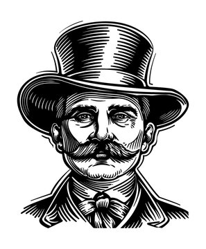 recommend clip art: portrait man wearing top hat engraving black and white outline
