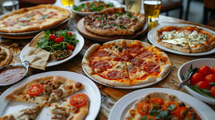 Food on the table with pizza, bio pizza: cheese, tomato, eastern, salad, vegetarian, mozzarella, romana. Presented with spicy oil and several decorative elements. Served on a round wooden table,pizza 