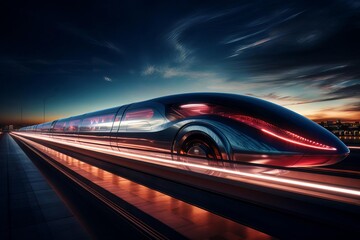 Futuristic Night Train with Red Lighting