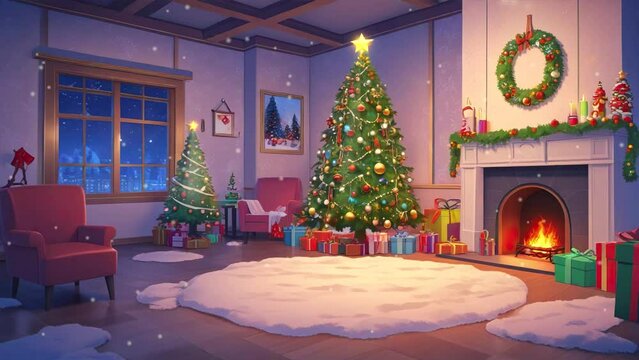 Anime-themed Christmas tree adorned with Christmas decorations showcased in a mesmerizing 4K looping video.