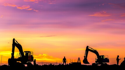 Construction site at sunset. Silhouettes of construction workers and excavators against a vibrant sunset sky, symbolizing industry and development.