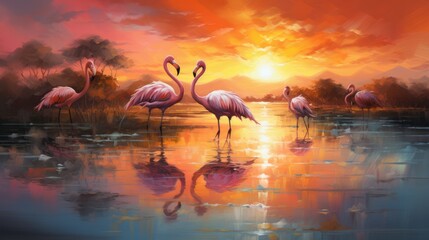 a portrait energetic painting depicting a flock of flamingos taking flight against a vibrant sunset sky