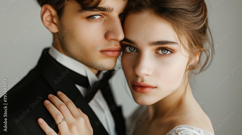 Wall mural Portrait of a young European French beautiful couple in love , with French caucasian man and woman closeup view showing details of their face