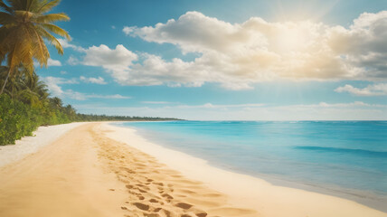 A beach with a cloudy sky and a bright sun